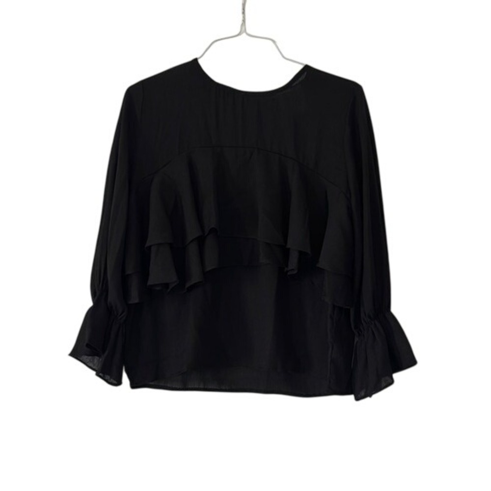 PPLA Elvie Top Black Ruffle Tiered Long Sleeve Blouse New L PWT4BKL